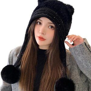 Women Black Winter Sherpa Beanie Hats Knit Ear Flaps Peruvian Cover Ears